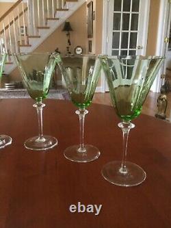 Antique Hand Blown Green Optic Paneled Wine Stems