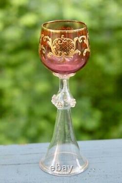 Antique Moser Tall Wine Stem Late 1800s Raised Gold Gilt & Cranberry Red
