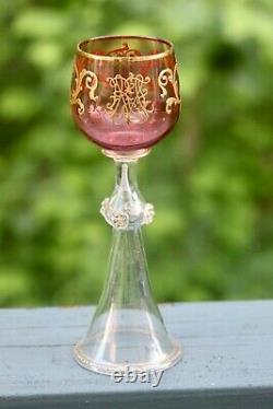 Antique Moser Tall Wine Stem Late 1800s Raised Gold Gilt & Cranberry Red