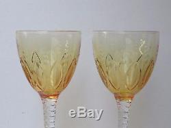 Antique Stuart Crystal Yellow & Clear Coloured Wine Hock Glasses-signed- 8tall