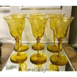 Art Deco Set of 6 Signed Steuben Engraved Yellow Crystal Wine Stems Frederick