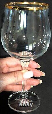 BOHEMIA CZECH CRYSTAL WINE GLASSES TULIP BOWL GOLD TRIM GENEVA SET of 10 MINT