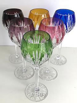 BOHEMIAN MULTI COLOR CASED CUT TO CLEAR CRYSTAL 8 WINE GOBLETS Set of 6