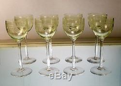 Baccarat Crystal Uranium Vaseline Glass Etched Swag Pattern 8 Hock Wines Deco
