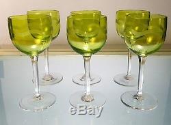 Baccarat or Val St Lambert Crystal 6 Chartreuse Wine Stems Wave Etch Art Deco A+