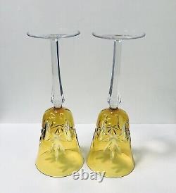 Beautiful Pair Ajka Amber Yellow Tall Cut To Clear Crystal Wine Glasses