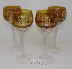 Bohemian Amber Gold Colored Cut-to-Clear Crystal Vineyard Wine Goblets