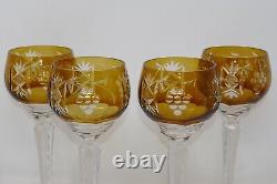 Bohemian Amber Gold Colored Cut-to-Clear Crystal Vineyard Wine Goblets