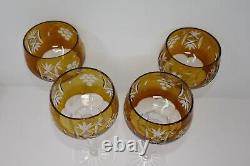 Bohemian Amber Gold Colored Cut-to-Clear Crystal Vineyard Wine Goblets