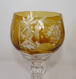 Bohemian Amber Gold Colored Cut-to-Clear Crystal Vineyard Wine Goblets