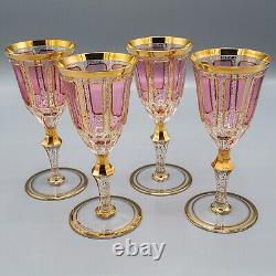 Bohemian Cabochon Panel Wine Glass Goblet 6 5/8 Set 4 Cranberry Red Moser Style
