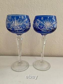 Bohemian Cobalt Blue to Clear Cut Crystal Pair of Wine Glasses