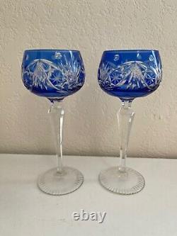 Bohemian Cobalt Blue to Clear Cut Crystal Pair of Wine Glasses