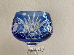 Bohemian Cobalt Blue to Clear Cut Crystal Pair of Wine Glasses