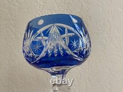 Bohemian Cobalt Blue to Clear Cut Crystal Pair of Wine Glasses