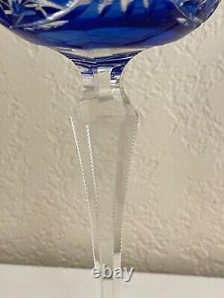 Bohemian Cobalt Blue to Clear Cut Crystal Pair of Wine Glasses