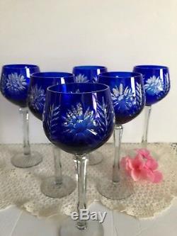 Bohemian Cobalt blue Crystal Cut to Clear Wine stemware glasses Hungarian