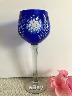 Bohemian Cobalt blue Crystal Cut to Clear Wine stemware glasses Hungarian
