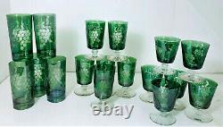 Bohemian Crystal 17 Pc Cut to Clear Iridescent Green Tumblers Etched Glass Grape