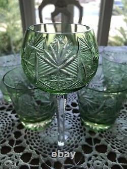 Bohemian Crystal-Cut to Clear- Green, 3 Pc. Stem Wine Glasses & 6 Whiskey