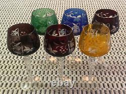 Bohemian Crystal Cut to Clear Multi Color Goblet Wine Glasses- Set of 6