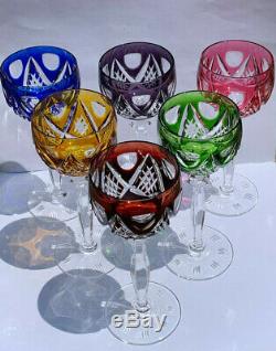 Bohemian Crystal Cut to Glass Multi-Color Set of 6 Wine Glasses