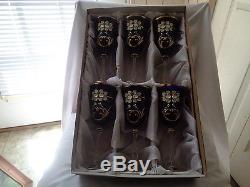 Bohemian Crystal Enamel Painted Set Of Six Cobolt Blue Long Stem Wine Glasses
