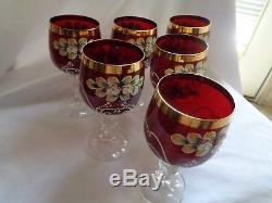 Bohemian Crystal Enamel Painted Set Of Six Cranberry White Trimmed Wine Glasses
