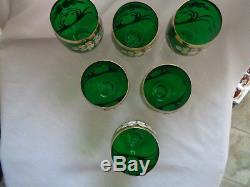 Bohemian Crystal Enamel Painted Set Of Six Green WithGold Trim Wine Glasses