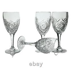 Bohemian Cut Crystal Hobstar Fan White Wine Glasses Set of (4) 7.25 Tall