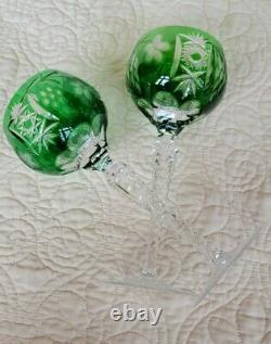 Bohemian Cut to Clear Crystal Wine Glasses Goblets -2 Emerald Green