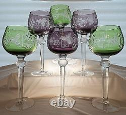 Bohemian Czech 6 Pc. Vintage Cut to Clear Crystal Amethyst & Green Wine Glasses