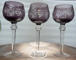 Bohemian Czech 6 Pc. Vintage Cut to Clear Crystal Amethyst & Green Wine Glasses