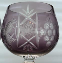 Bohemian Czech 6 Pc. Vintage Cut to Clear Crystal Amethyst & Green Wine Glasses