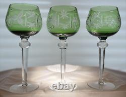 Bohemian Czech 6 Pc. Vintage Cut to Clear Crystal Amethyst & Green Wine Glasses