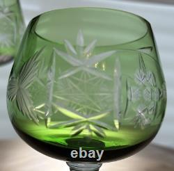 Bohemian Czech 6 Pc. Vintage Cut to Clear Crystal Amethyst & Green Wine Glasses