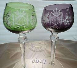 Bohemian Czech 6 Pc. Vintage Cut to Clear Crystal Amethyst & Green Wine Glasses