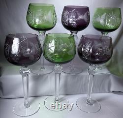 Bohemian Czech 6 Pc. Vintage Cut to Clear Crystal Amethyst & Green Wine Glasses