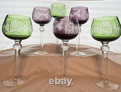 Bohemian Czech 6 Pc. Vintage Cut to Clear Crystal Amethyst & Green Wine Glasses