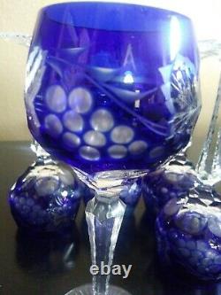 Bohemian Czech Cobalt Blue Crystal Wine Glasses Cut-To-Clear Grapes Leaf (6)