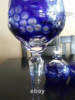 Bohemian Czech Cobalt Blue Crystal Wine Glasses Cut-To-Clear Grapes Leaf (6)