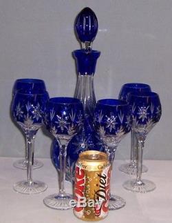 Bohemian Czech Cobalt Cut To Clear Crystal Wine Decanter & 6 Glasses