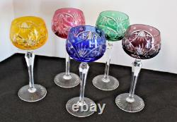 Bohemian Czech Cut To Clear Crystal Wine Glasses, Goblets Multi-Color Set of 5
