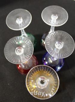 Bohemian Czech Cut To Clear Crystal Wine Glasses, Goblets Multi-Color Set of 5
