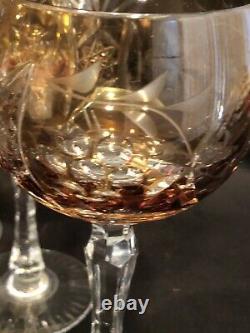 Bohemian Czech Cut to Clear Golden Amber Hock Wine Goblet Glasses Set of 6
