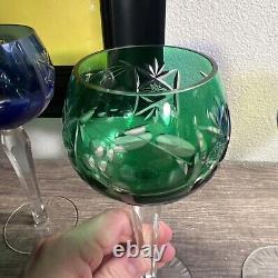 Bohemian Czech Green, Emerald Blue Cut To Clear Wine Stem Glass Crystal Set 5