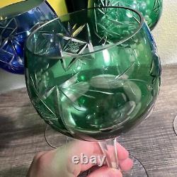 Bohemian Czech Green, Emerald Blue Cut To Clear Wine Stem Glass Crystal Set 5