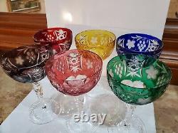 Bohemian / Czech Set of 6 Hand Cut Crystal Color Glasses 6 1/2 X 4
