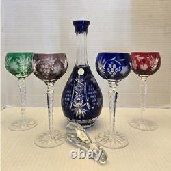 Bohemian Czech Vintage Crystal cut set wine glasses multi color, with stopper