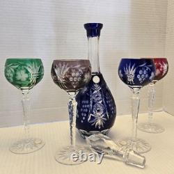 Bohemian Czech Vintage Crystal cut set wine glasses multi color, with stopper